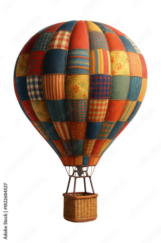 Obraz premium Retro hot air balloon featuring a patchwork fabric envelope and wooden basket.
