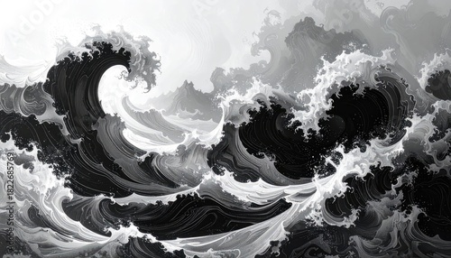 Fototapeta Naklejka Na Ścianę i Meble -  Dramatic Ocean Wave Art: Black and White Swirling Water, Powerful Coastal Energy, Abstract Sea Landscape for Wall Decor