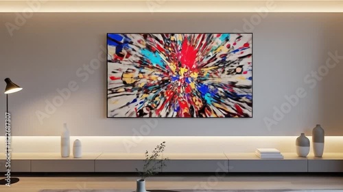 Living room with a large abstract art piece above a low console table illuminated by LED strips and a floor lamp