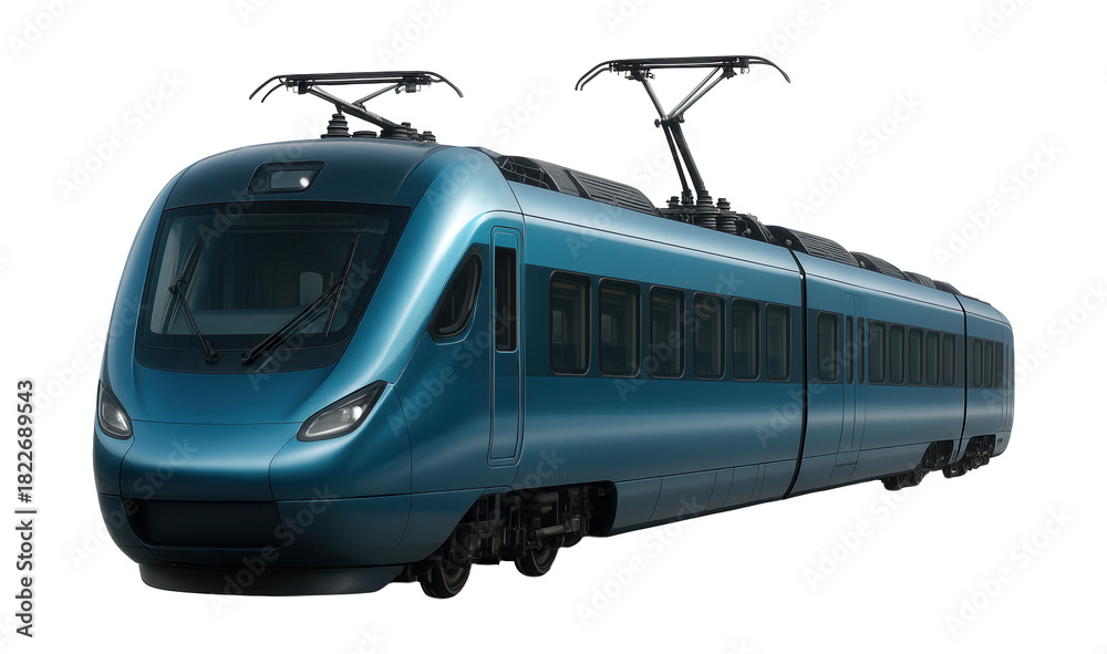 Naklejka premium Electric train featuring a streamlined front, large windows, and roof-mounted pantographs.