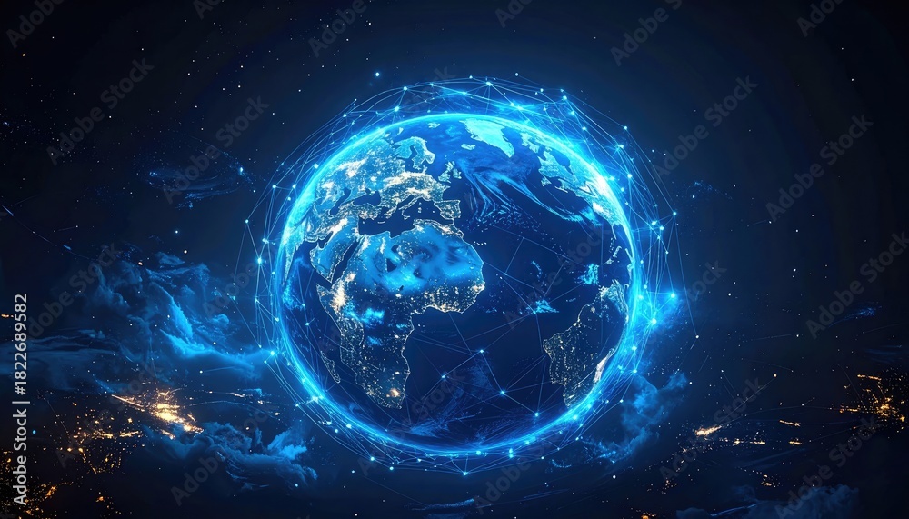 Obraz premium Digital Earth: Glowing Globe Network - Futuristic Technology Concept with Blue Energy Flow and Global Connections