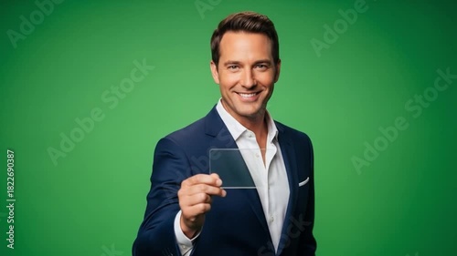 Man in suit holds glass card against a green backdrop smiling