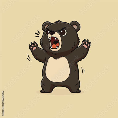 Cute cartoon bear cub standing on two legs and roaring angrily with raised paws. Expressive animal illustration perfect for kids books, stickers, character design, emotions, and educational materials.