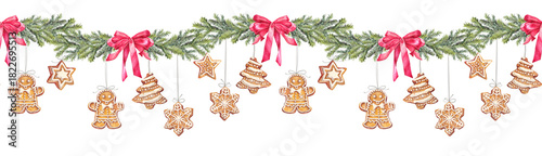 Watercolor seamless border with Christmas tree branch and gingerbread and berry and red bow on white background. Forest for card. Hand-drawn rim for New Year celebration wallpaper or wrapping