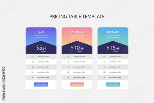 Modern pricing table template with three tiers for business websites