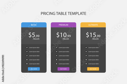 Modern pricing table template with three tiers for business websites