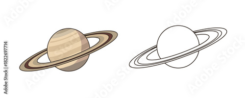 Minimalistic cartoon style solar system planet saturn flat vector illustration with characteristic rings in beige brown and pale yellow colors isolated