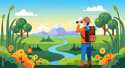 Adventurous hiker exploring nature with binoculars and backpack on a sunny day.