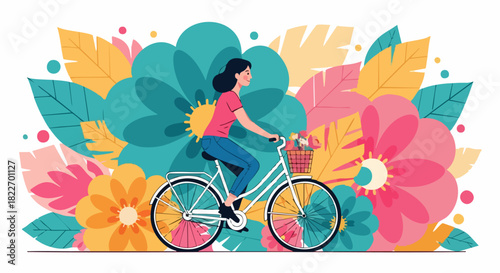 Woman riding bicycle with basket, enjoying a leisurely ride.