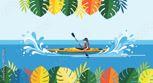 Kayaker Paddling Through Tropical Waters with Lush Foliage.