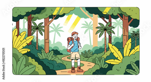 Person hiking in a lush green forest.