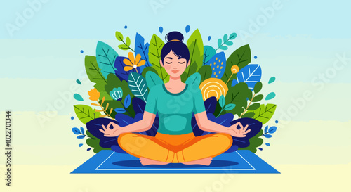 Woman meditating in yoga pose surrounded by nature.