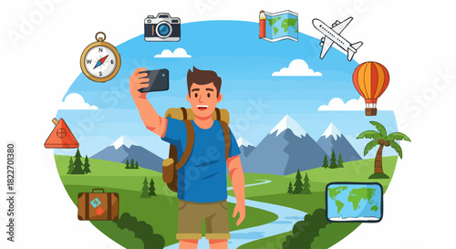 Adventurous traveler capturing memories with a smartphone during outdoor exploration.