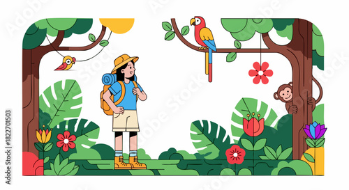 Woman Hiking in a Lush Tropical Forest.