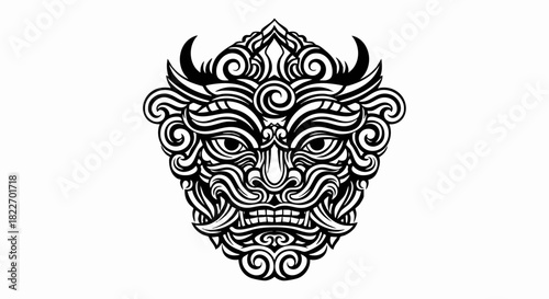 Intricate Japanese Oni mask illustration with swirling patterns and fierce expression.