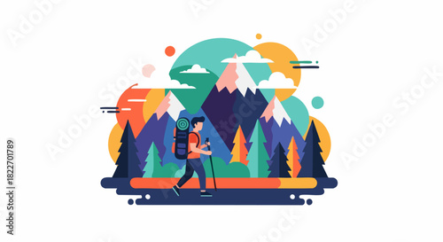 Adventurous hiker exploring mountain landscape with backpack and hiking stick.