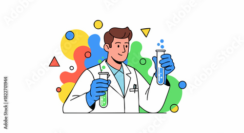 Scientist in Lab Coat Holding Test Tubes with Bubbling Liquid.