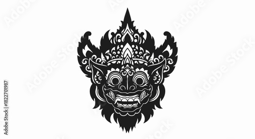 Intricate Balinese Barong Mask Mythological Creature Head Illustration.