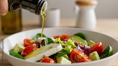 Olive oil being poured on a salad with tomatoes avocado and feta cheese