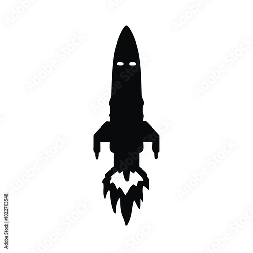 Simple black silhouette icon of a vintage rocket ship blasting off with visible exhaust flames