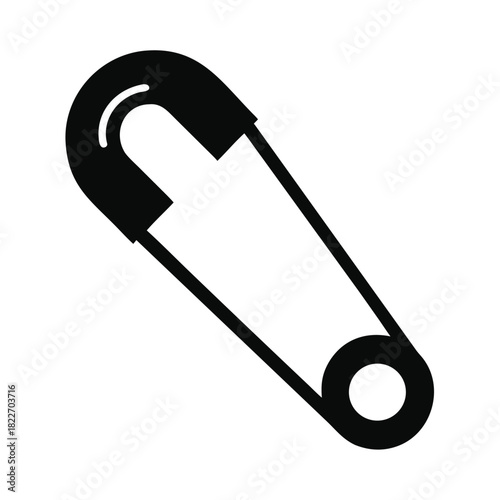 Simple black and white icon design of a classic safety pin isolated on a clean white background