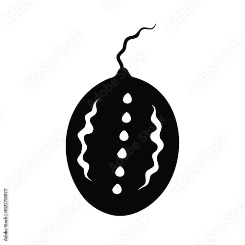 Simple black and white stylized icon representing a ripe watermelon fruit with a curving stem design
