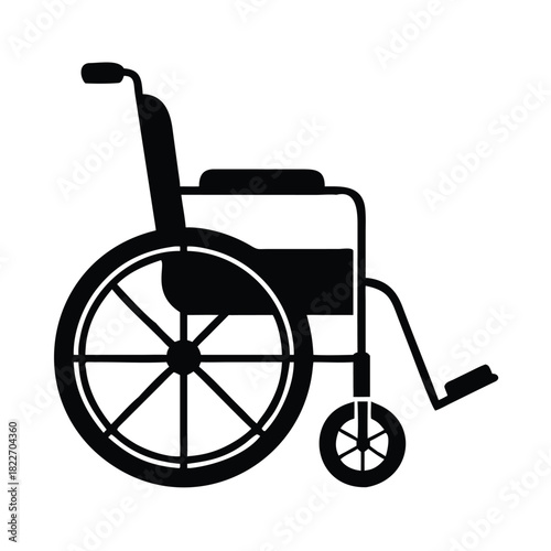 Simple black and white silhouette icon representing a standard manual wheelchair for mobility assistance