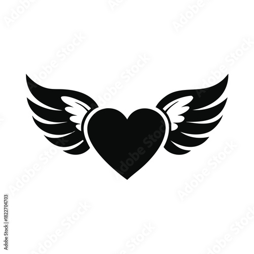 Black silhouette of a heart with outstretched wings symbolizing freedom love and spiritual ascent