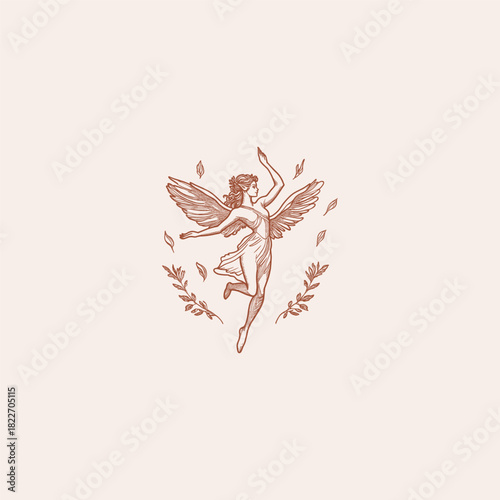 Elegant mythological illustration of a flying fairy figure with outstretched wings, surrounded by leaves and nature elements