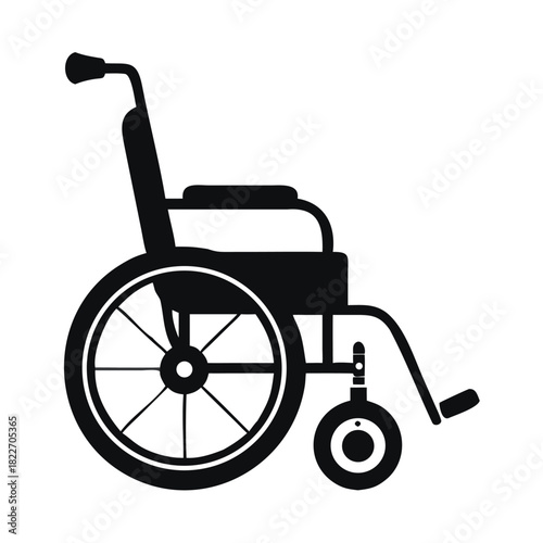 Simple black and white silhouette icon representing a standard manual wheelchair for mobility assistance on white background 