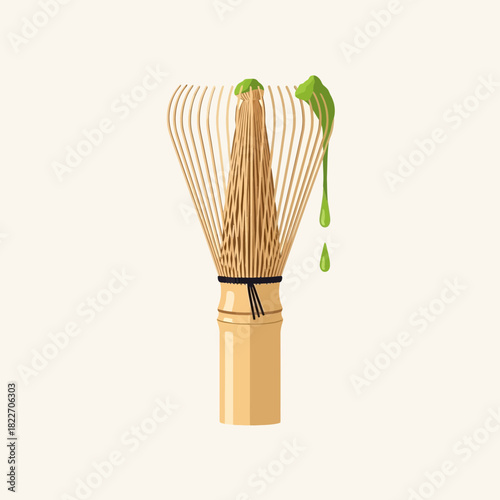Artistic Matcha Whisk Illustration with Dripping Green Tea Preparation