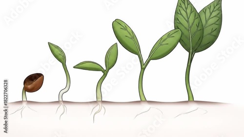 Progression of a green seedling sprouting from a seed into a plant