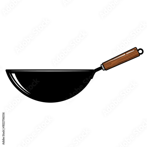 Classic black wok pan with wooden handle design, kitchen tool illustration