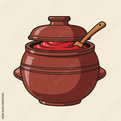 Stylized illustration of earthenware pot filled with bright red concoction