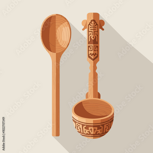 Traditional wooden kitchenware crafted with cultural carvings and a spoon