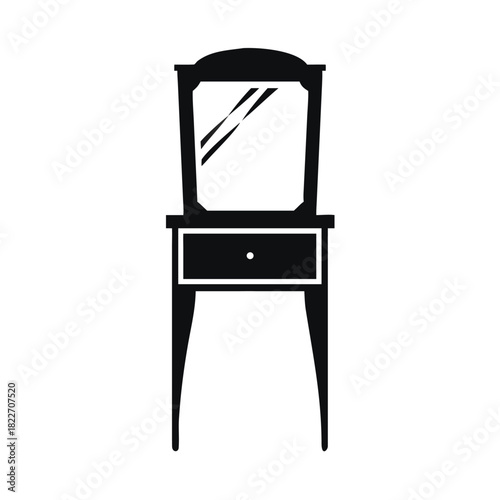Elegant antique vanity table with mirror and single drawer rendered as a simple black silhouette icon