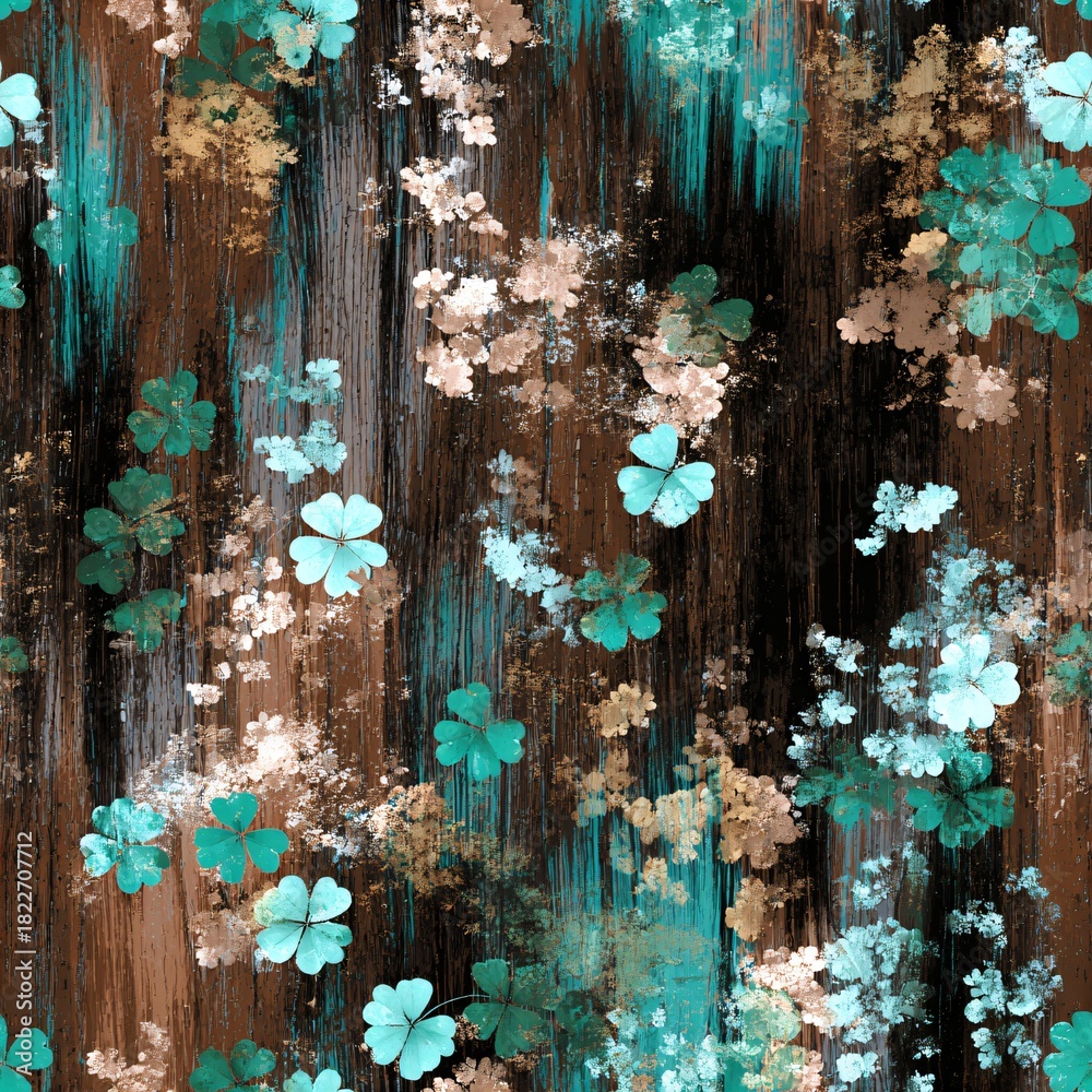 Fototapeta premium Seamless pattern with turquoise clover leaves on a textured dark wood background. Luck and nature concept for St. Patricks Day.