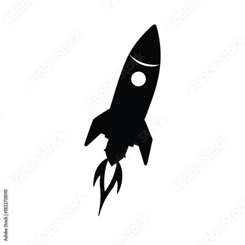 Simple black silhouette icon of a stylized rocket ship blasting off with flames against a white background