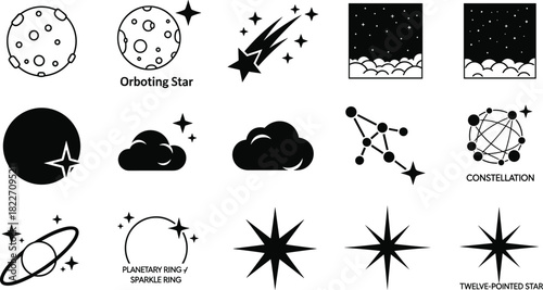 Celestial Cartography: A stylized array of cosmic elements in sleek monochrome, capturing the essence of the universe. 