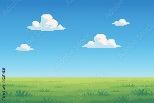 ピクセル草原と青空の風景｜Pixel Meadow Under Clear Blue Sky