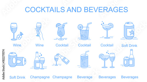 Cocktails and Beverages icon set.with icon Wine,Cocktail,Soft Drink,Champagne,Beverages