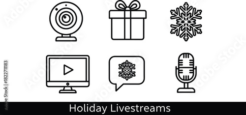 Vector line icon set for winter holiday livestreaming and online communication. Includes webcam, microphone, computer, and gift symbols for digital broadcasts