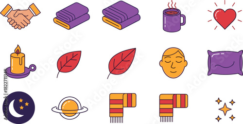 Vector icon set illustrating concepts of well-being, comfort, sleep, and warm hygge lifestyle