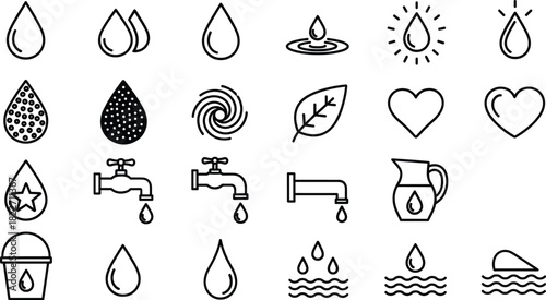Essential set of minimalist line art water icons, depicting various drops, faucets, and hydration symbols for environmental and utility designs