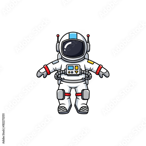 Cartoon Astronaut Character in Space Suit with Arms Outstretched.