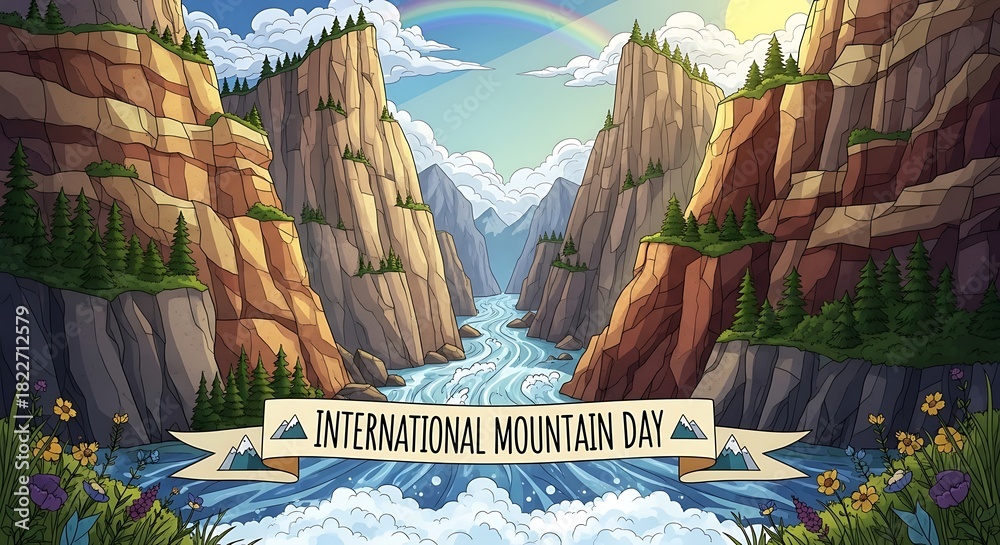 Obraz premium Vibrant Cartoon Illustration of a Lush Mountainous Canyon Landscape with a Flowing River, a Rainbow, and a Banner for International Mountain Day