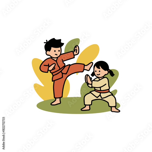 Two children practicing martial arts with focus and determination.