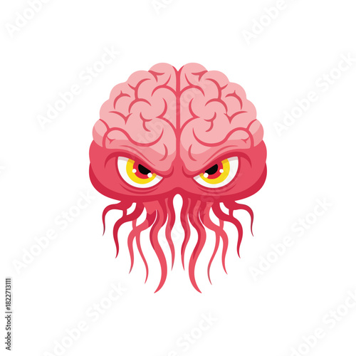 Brain with Angry Eyes and Tentacles - A Cartoonish Illustration.