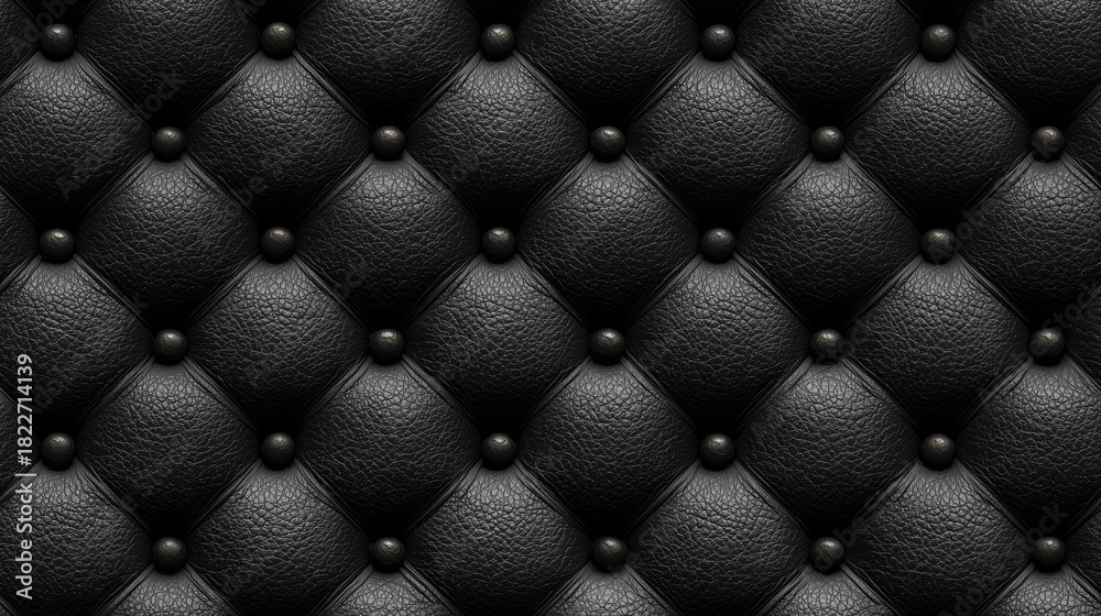 Obraz premium Textured Black Leather Surface with Quilted Pattern and Round Studs for Interior Design Projects. Seamless Pattern