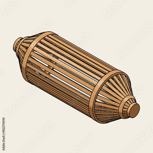 Artistic rendering of a traditional bamboo fish trap with detailed line work